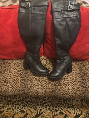 Vera Wang Black Over-the-Knee Buckle Boots